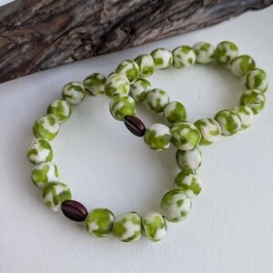 Green and White Beaded Bracelet Set, Valentine's Couples Gift